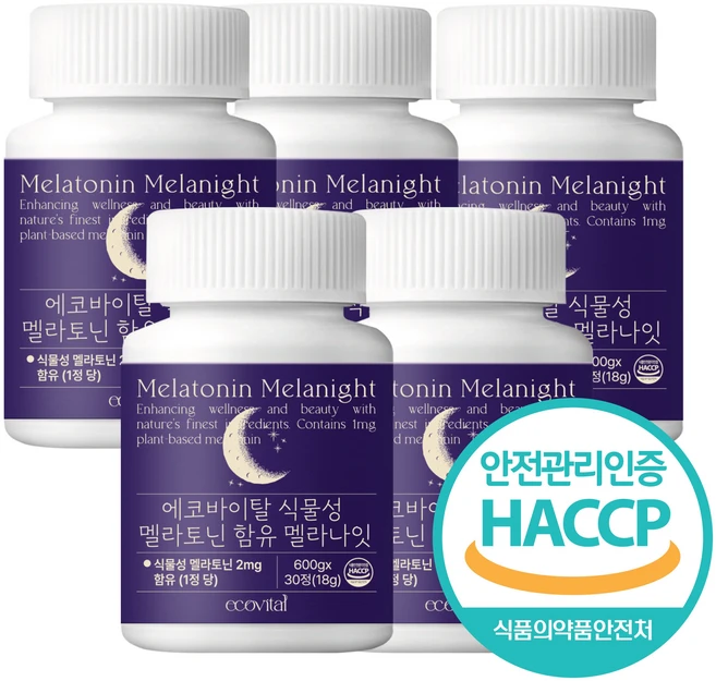 에코바이탈 멜라토닌 식물성 HACCP 식약처 인증 수면 1일 2mg 함유, 5개, 30정 - 쿠팡