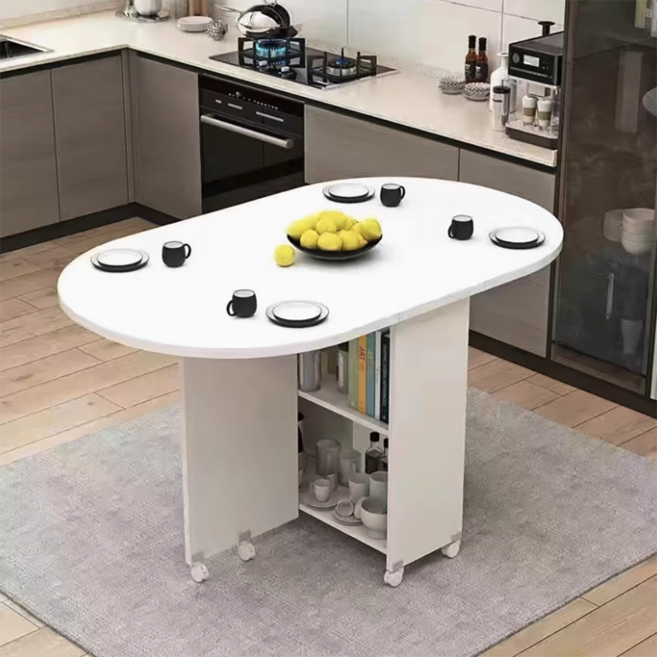 확장형 접이식 식탁 테이블 4인용 식탁 원형 2인용 카페 원목 직사각형 타원형, 화이트 원형