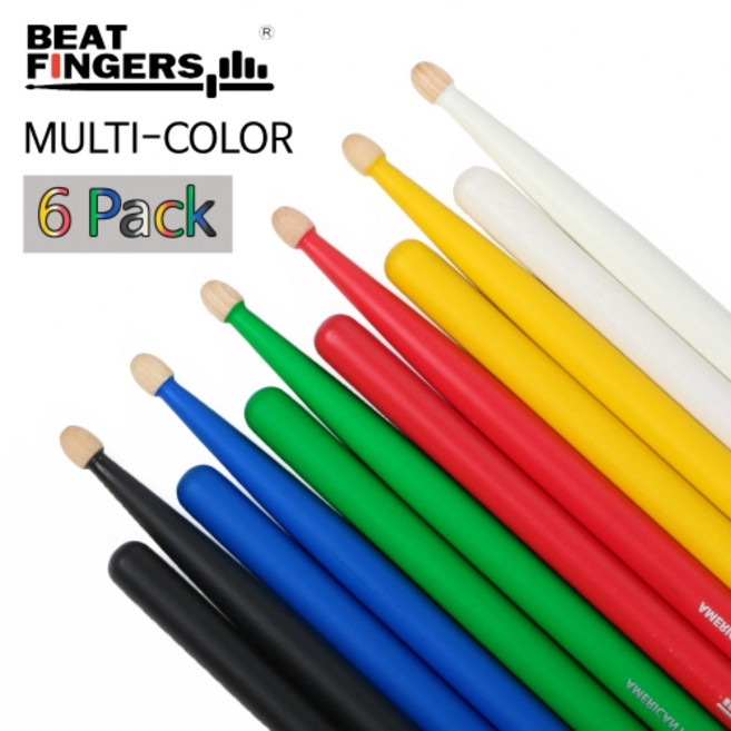 비트핑거스 북미산 히코리 드럼스틱 멀티칼라 6팩 BF-AH5AW-MC6, 멀티, 1개