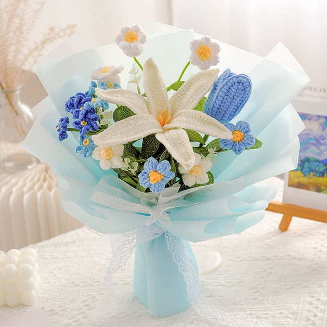 手工毛線花束, 百合混搭款 - 藍色 盒子包裝, 1個