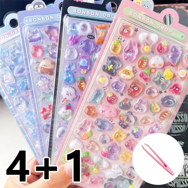 Equator 3D 입체 크리스탈 캐릭터 스티커 돌출 오목볼록 스티커 방꾸 데코 소품, 4개