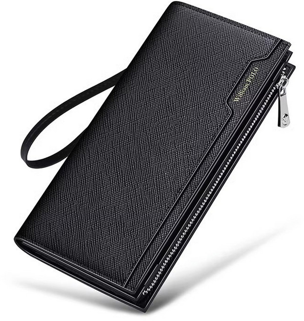 【奧特萊斯】 英皇保羅錢包男款新款長款真皮男士手拿包多卡位卡包男皮夾子, 黑色十字紋