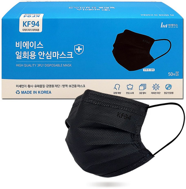 비에이스 KF94 안심마스크 [대형] / 덴탈형 일회용, 블랙, 1개, 50매