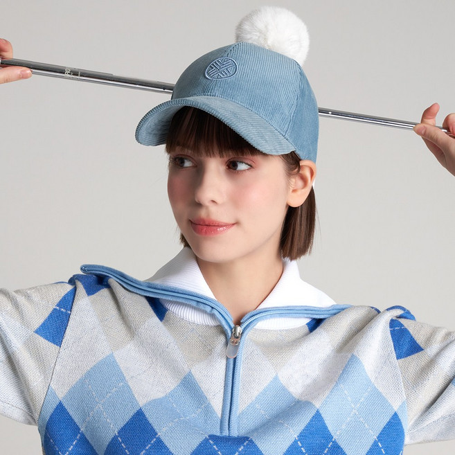 테크스킨 여성 퍼 리본 코듀로이 골프모자, 화이트