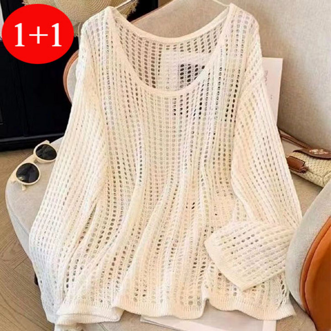 FINE ART 1+1 여성 그물 니트 긴팔 티셔츠 펀칭 맨투맨 오버핏 여름니트 자외선차단 긴팔티 데일리