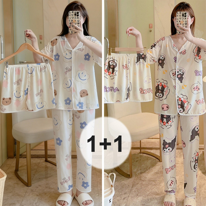 Belua 1+1 여성 여름 반팔 잠옷 홈웨어 상의 반바지 긴바지 3종세트 빅사이즈 오버핏 파자마
