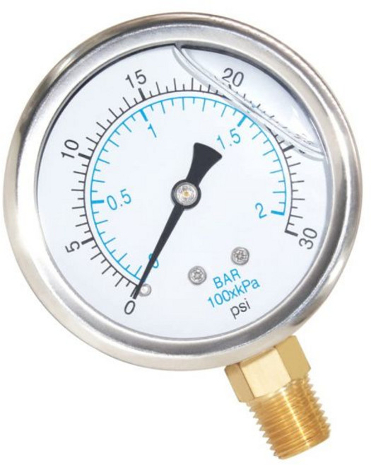 황동 내부 1.5인치 다이얼 디스플레이 하단 마운트가 있는 18인치 NPT 200Psi 스틸 경제적인 다목적 압력 게이지, 0-30Psi (liquid filled), Lower Mount-1/4"NPT