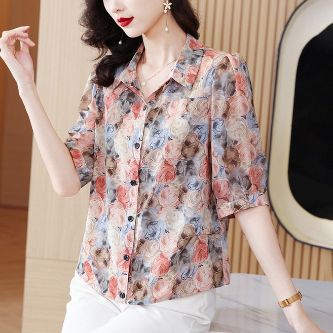 COSYEVNO 여름 실크 반팔 셔츠 루즈핏 프린트 플라워 카라 상의