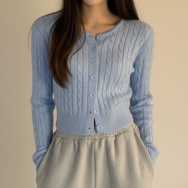 라라픽스 가을겨울 여성 꽈배기 긴팔 크롭 니트 가디건