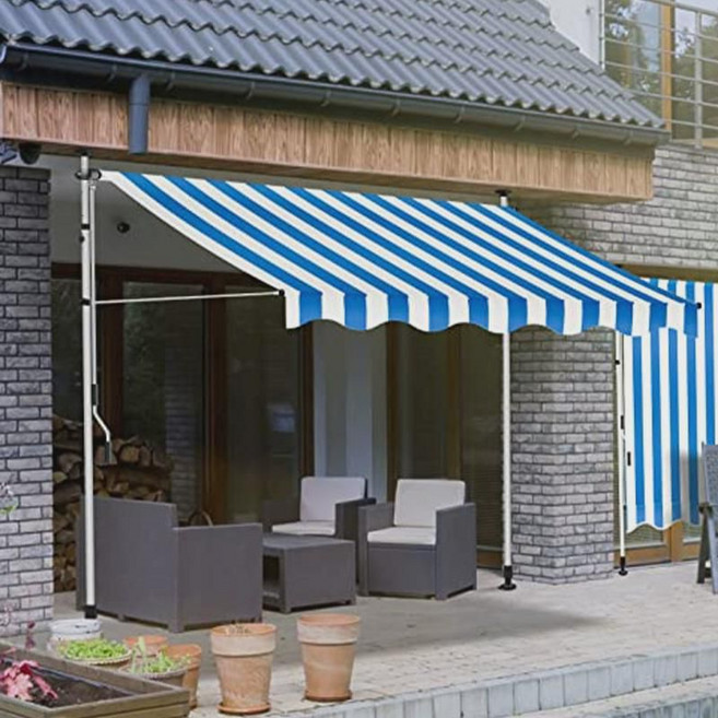 이동식 어닝 무타공상가 차양막 접이식 처마 기둥식, 블루화이트 스트라이프 햇빛가리개+화이트 거치대, 350x120cm (좌우 폭 3m5x전후 1m2), 블루화이트 줄무늬