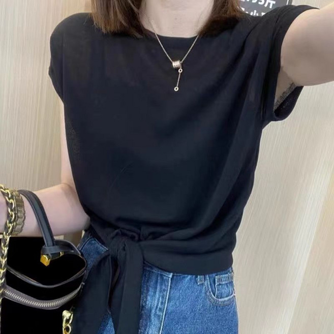 별후이 여성용 여름 반팔 아이스 티셔츠 조거벨트 라운드 반팔 니트0d7gh07LL