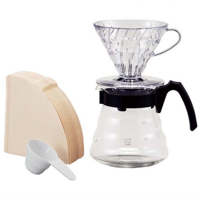 Hario V60 手沖咖啡四件組 (100週年紀念/含VCND-02B雲朵壺/日本製), 1組, V60 02樹脂圓錐濾杯/錐形咖啡濾紙40張/咖啡量匙/玻璃壺600ml, 600ml
