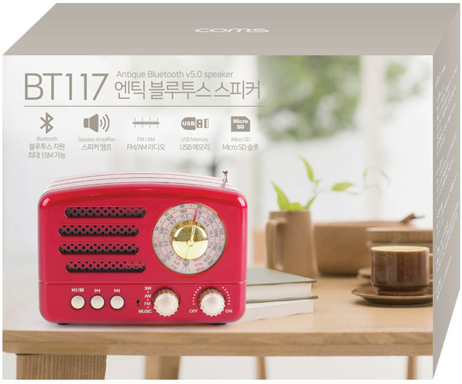컴스 엔틱 레트로 라디오 블루투스 스피커 BT11, BT117, Red