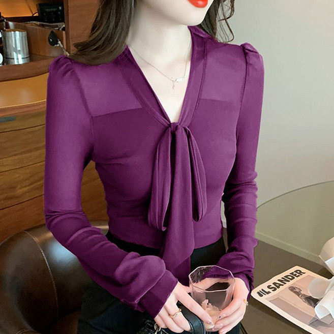 ROYALBELLE 여성 쉬폰 브이넥 리본 디테일 슬림핏 시스루 긴팔 데일리 블라우스 B06020324