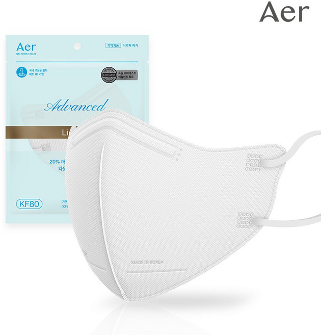 아에르 어드밴스드 라이트 보건용 마스크 L KF80, 1개입, 30개, 화이트