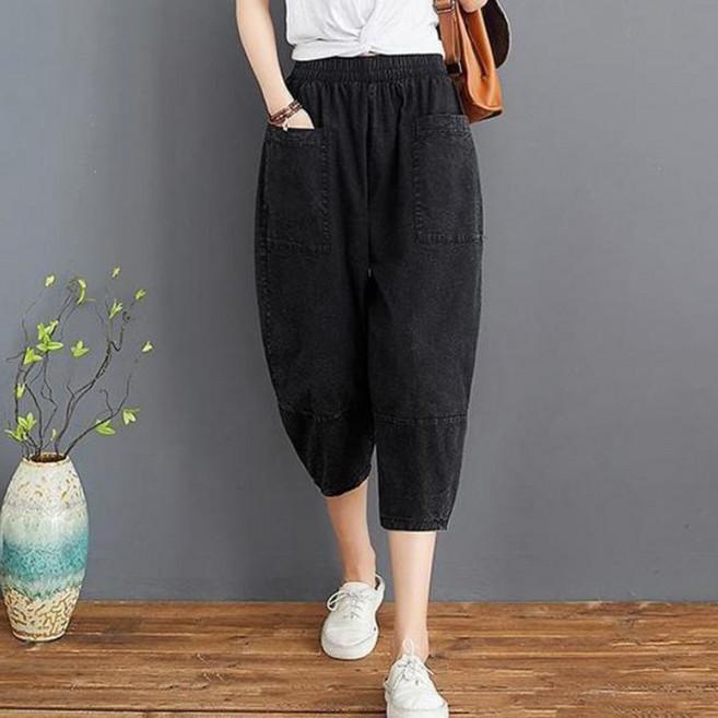 swygsqql 하이웨스트 데님팬츠 여성 여름 빅사이즈 밴딩 슬림핏 7부 배기팬츠