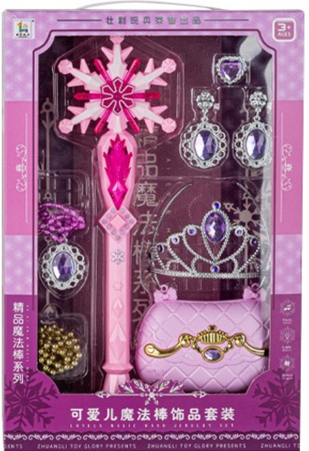雪花公主魔法棒家家酒聲光玩具豪華飾品套組：戒指皇冠公主角色扮演遊戲, 粉色(漂亮公主粉), 1個