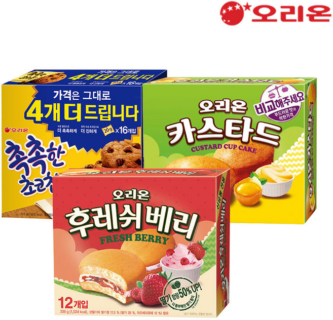 오리온 촉촉한초코칩16p(320g)+카스타드12P(276g)+후레쉬베리12p(336g), 1개, 932g