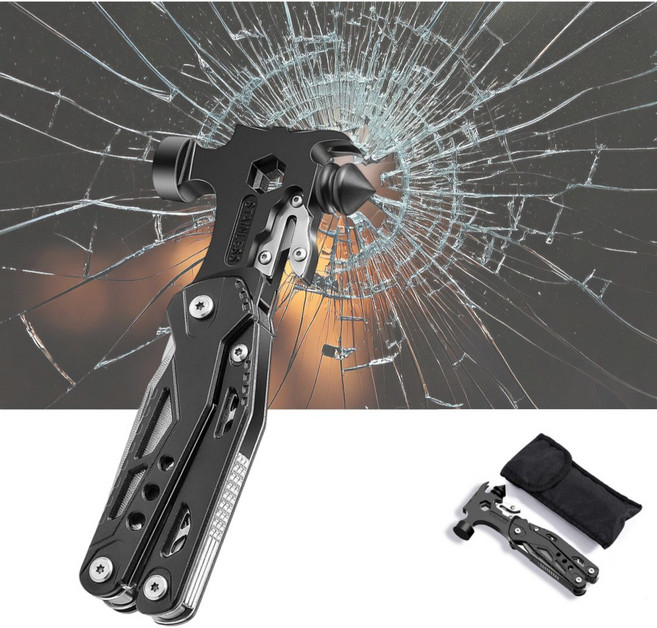 비상탈출망치 올인원 공구 차량 필수품 강력한 파워 유리용햄머 16in1, 블랙, 1개