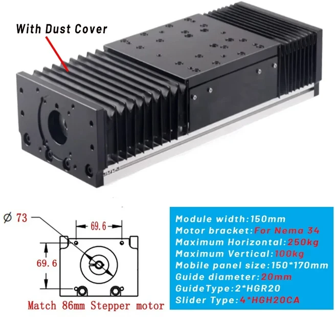 헤비 듀티 리니어 슬라이드 테이블 HGR20 더블 레일 볼스크류 커버 포함) SFU2010/2005 4PCS CNC 200KG, 15 100mm Stroke-SFU2005, 08 Nema34-Dust cover