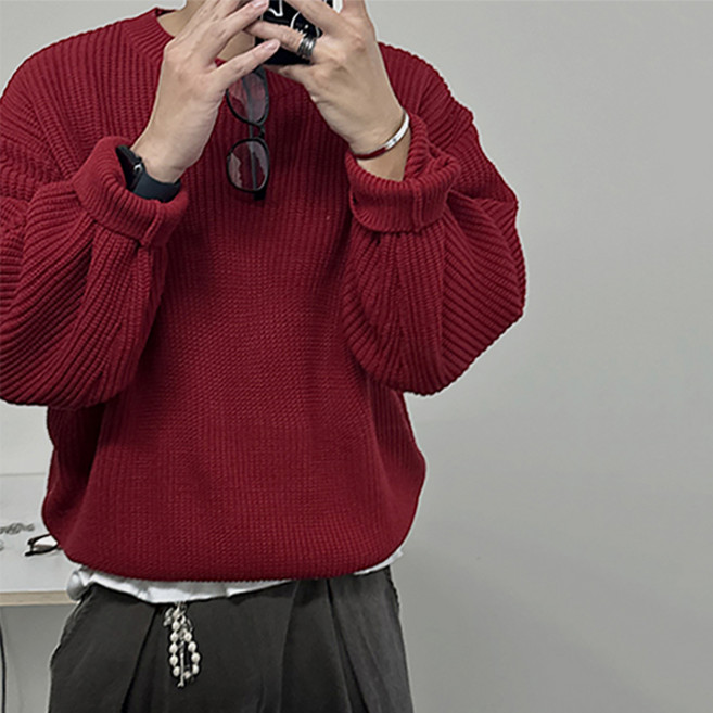 테이크잇컴퍼니 남성용 빨간색 오버핏 하찌 라운드 니트 스웨터