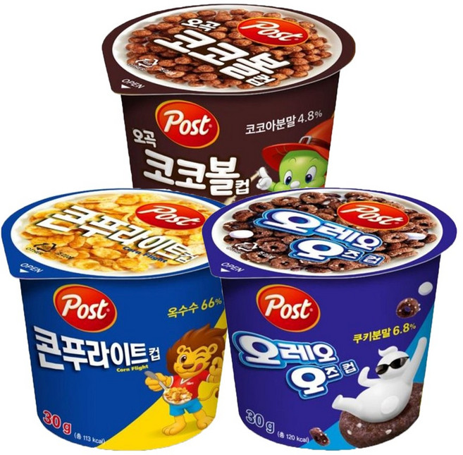 포스트 컵시리얼 30g 12개 (콘푸라이트 4+코코볼 4+오즈 4), 1세트