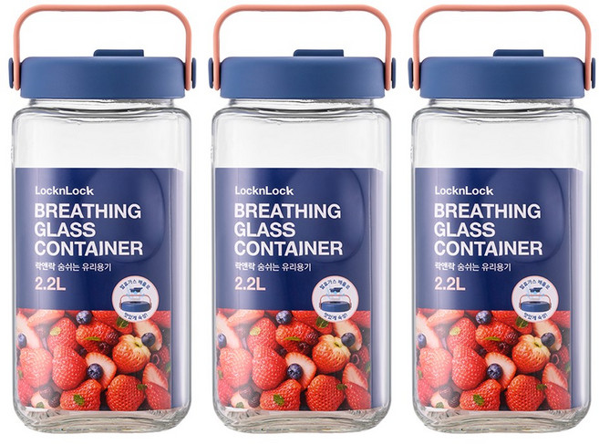 락앤락 숨쉬는 유리용기 네이비 [+가쯔 용기 세트] 과일청 유리병 수체청 병 잼병 꿀병, 3개, 2.2L