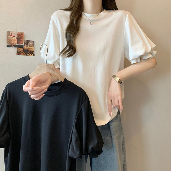 스타일아유 여성 100% 코튼 통기성 좋은 라운드넥 러플 퍼프소매 반팔 티셔츠 심플 무지 디자인 달콤한 무드 우아한 분위기 데일리 상의 TS3432