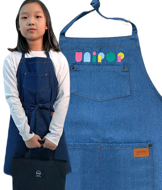 (무료 글자 자수) 블루데님 어린이앞치마 / 미술 학원 유치원 어린이집 - KC인증, M 다크블루, 1개