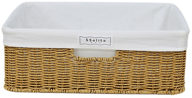 쏠리또 내츄럴 PP 오픈형 라탄바구니+코튼안감세트 사각바구니 수건 수납함 보관함, 옅은색(옵션1+화이트안감), 1세트