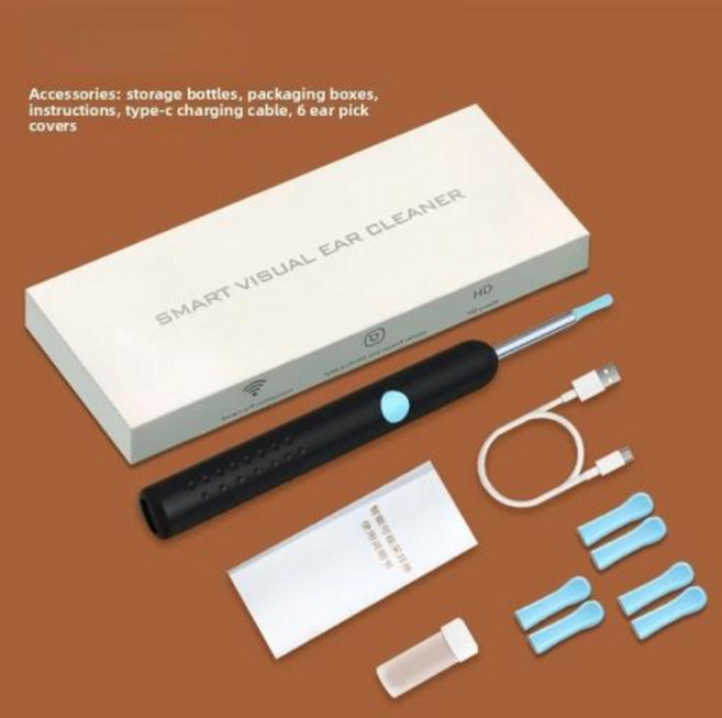고화질 귀이개 내시경 카메라 이어 스틱이 포함된 스마트 비주얼 클리너 USB C 충전 귀지 제거 도구 WIFI 연결 6 LED 조명 Earpick, 03 Black1set, 1개