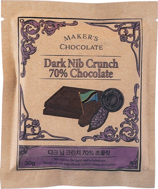 메이커스초콜릿 빈투바 수제 초콜릿 단품 30g 무첨가 카카오 저당 제로 발렌타인데이 선물 답례품, 다크 닙스 크런치 70, 1개