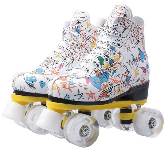 발광 파스텔 롤러스케이트 롤러슈즈 성인용 롤러장 바퀴 인라인, 1개, 화이트 그래피티+화이트 휠