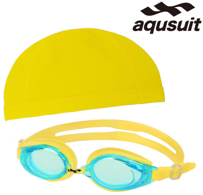 국내생산 아퀴스트 김서림방지 안티포그 수경 TG-1510 + 스판 수모 세트 성인 아동 어린이 초등 키즈 물안경 수영모자 실내수영장 생존수영용품, 1세트, 스카이옐로우_옐로우