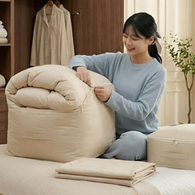 3세대 프리미엄 특대형 압축 파우치 옷정리 이불 수납 정리함 대용량 리빙박스, 1개, 라이트 베이지