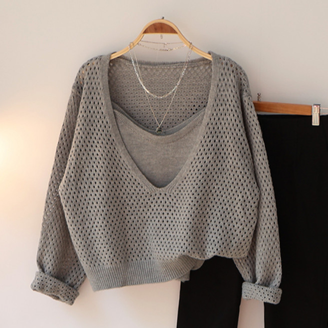 스카이코코 여성 민소매 메쉬 브이넥 니트 나시 세트