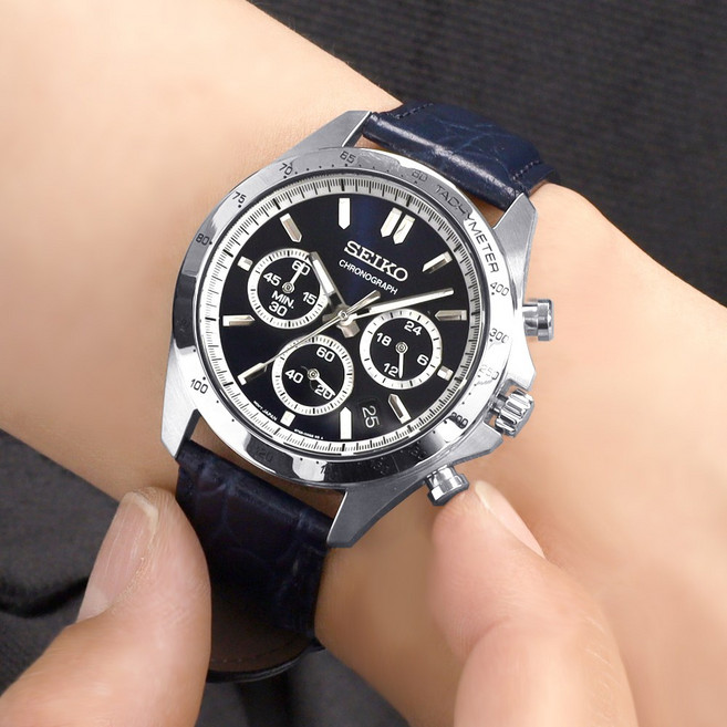 세이코 남성용 크로노그래프 하드렉스 방수 블루 가죽 아날로그 손목시계