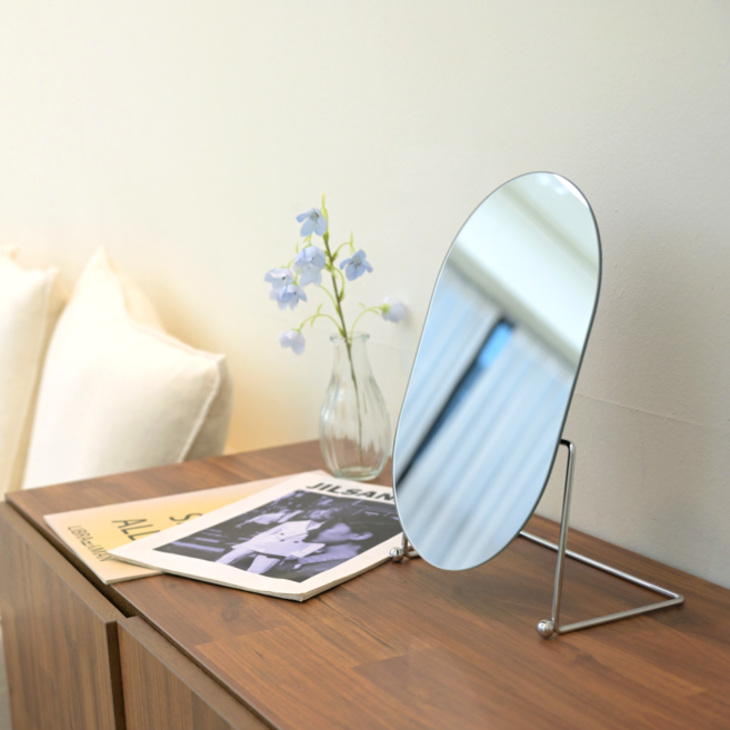 미드센츄리 모던 노프레임 탁상거울 화장대거울 각도조절, 실버