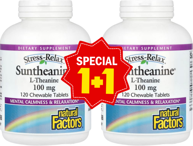 1+1 네추럴팩터스 썬테아닌 L 테아닌 100mg 츄어블 120정 / 해외직구 캐나다정품, 2개