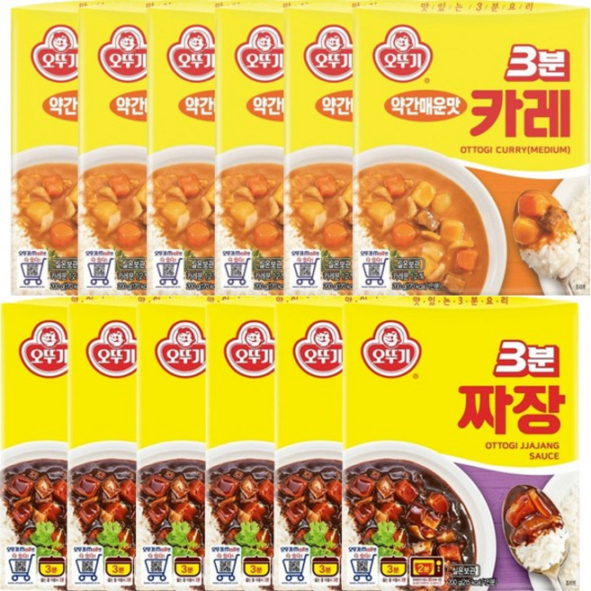 오뚜기 3분 카레 약간매운맛 6개+짜장 6개, 12개, 200g