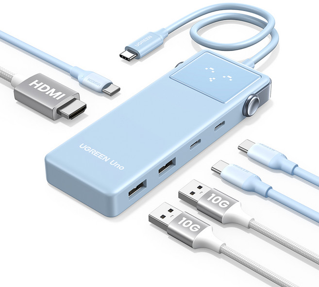 UGREEN 유그린 Uno 6 in 1 C타입 멀티 허브 10Gbps 데이터 전송 포트 4K@60Hz HDMI2.0 지원 스마트 이모티콘 상태 표시, 1개, Blue