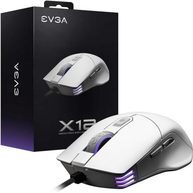 게이밍 마우스 고속반응 EVGA X12 8k 유선 흰색 사용자 지정 가능 듀얼 센서 16000 DPI 5개의 프로필 8개의 버튼 양면 경량 RGB 905-W1-12WH-KR, White