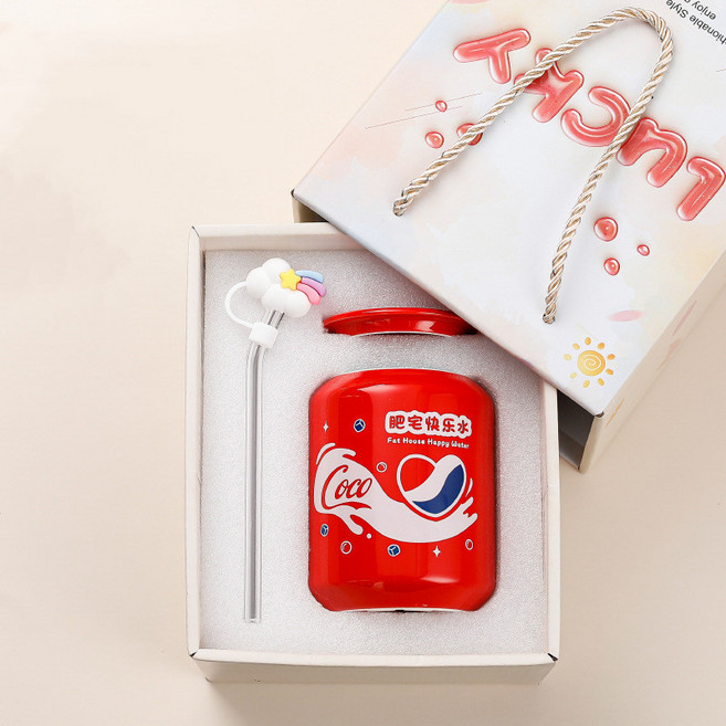 콜라 과일 도자기 빨대 컵 학생 물병 420ML, 레드