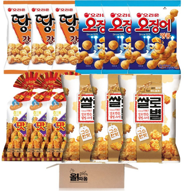 올따옴 스낵 오리온 오징어땅콩 3봉+땅콩강정 3봉+해태 맛동산 3봉+롯데 쌀로별 3봉, 1세트, 오징어땅콩+땅콩강정+맛동산+쌀로별