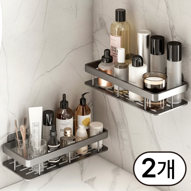 버튼머쉬룸 무타공 욕실선반 일자형, 2개입, 그레이