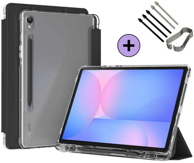 갤럭시탭 S10 FE / S10 FE 플러스 호환 S펜슬 수납 투명 클리어 케이스 북커버 아이친구, 검정, 1개