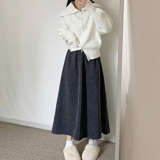 어나더뷰 2350 [5컬러] 모먼트 코듀로이 밍크 플레어 롱 스커트 밴딩 A라인 스판 골지 퍼 기모 융털 벨벳 골덴 겨울 치마