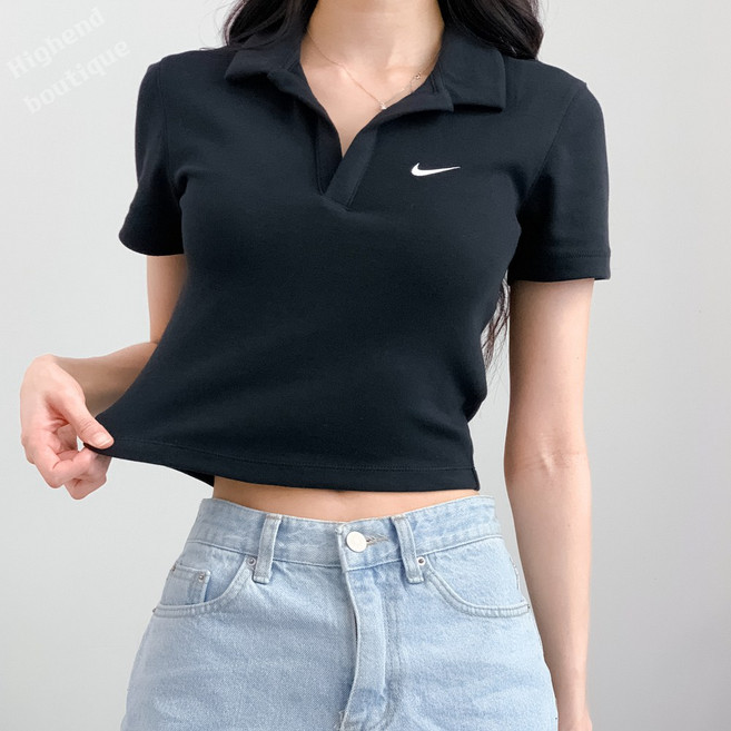 나이키 여성 폴로 반팔 크롭티 카라티 티셔츠 슬림핏 반팔티 +HI스티커