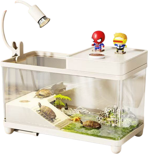烏龜飼養缸 生態造景烏龜缸 帶蓋 烏龜爬台 曬台 烏龜專用箱 巴西龜缸 爬蟲適用, 1個, 經典黑-升級造景套餐【一鍵龍頭排水】,大號（40*20*23cm）