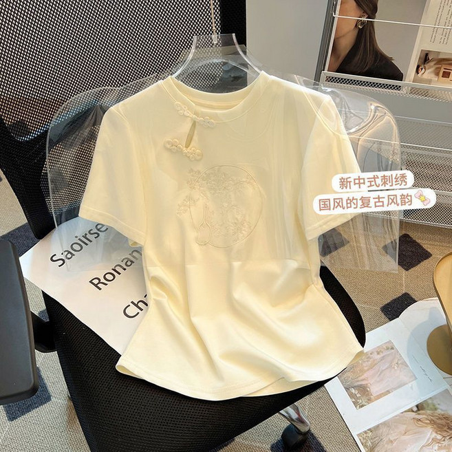 新中式盤扣刺繡短袖T恤女 國風短款上衣